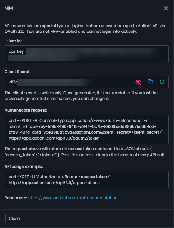 Enter Action1 credentials in NIM
