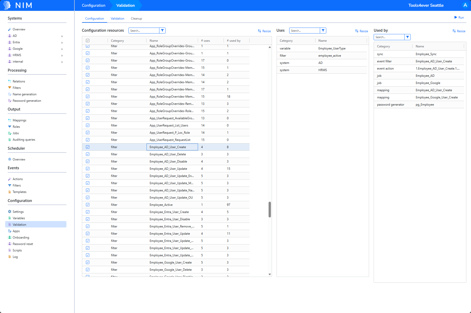 The Configuration tab with a selected filter, its Uses dependencies, and its Used by dependents