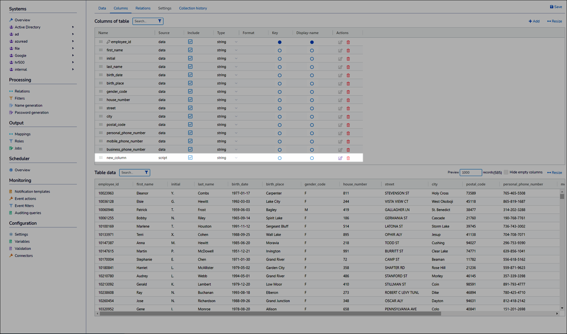 Use the table column controls to edit or remove a column