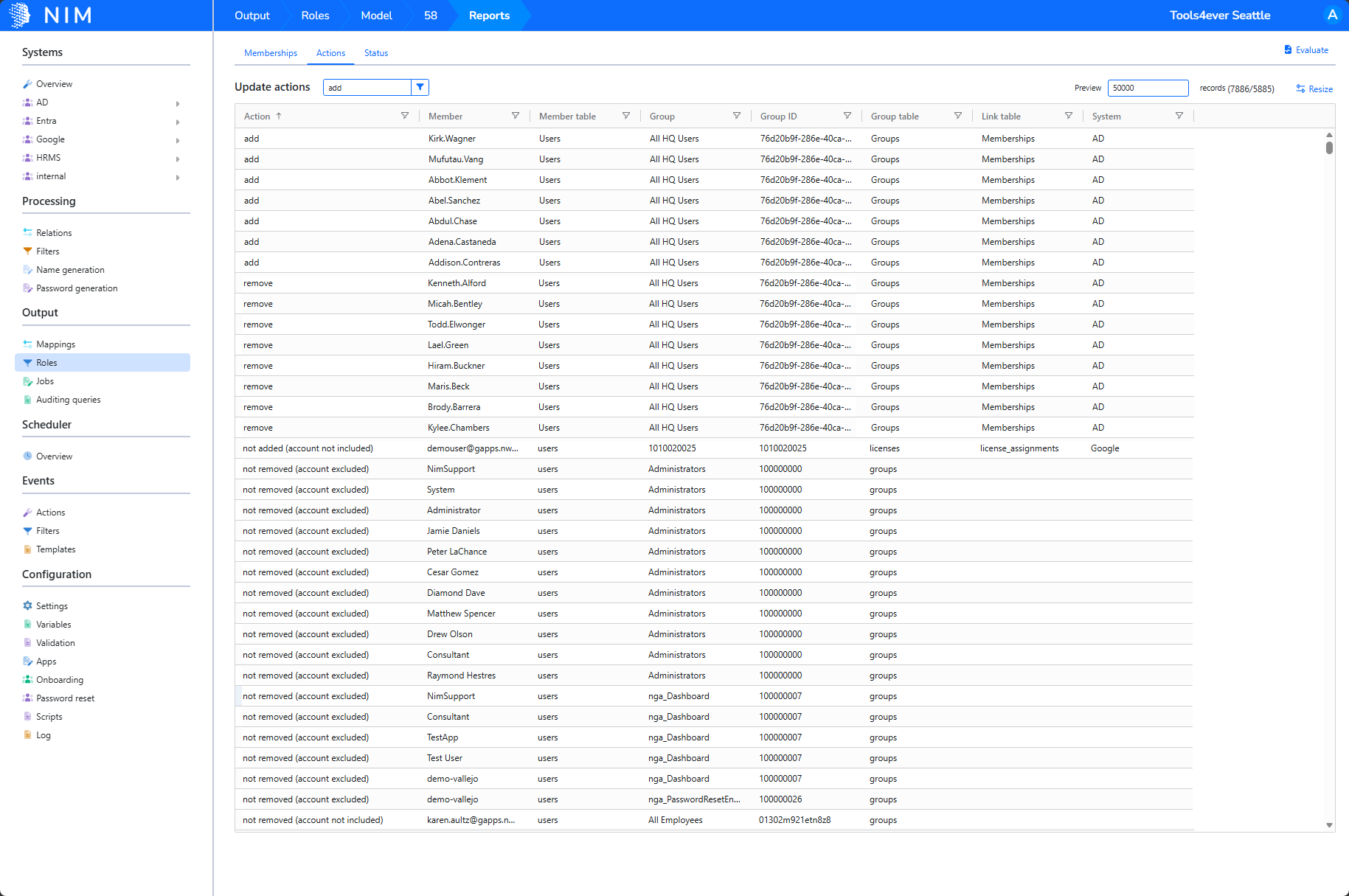 Group Membership Report Actions tab showing additions, removals, and skipped actions with reasons