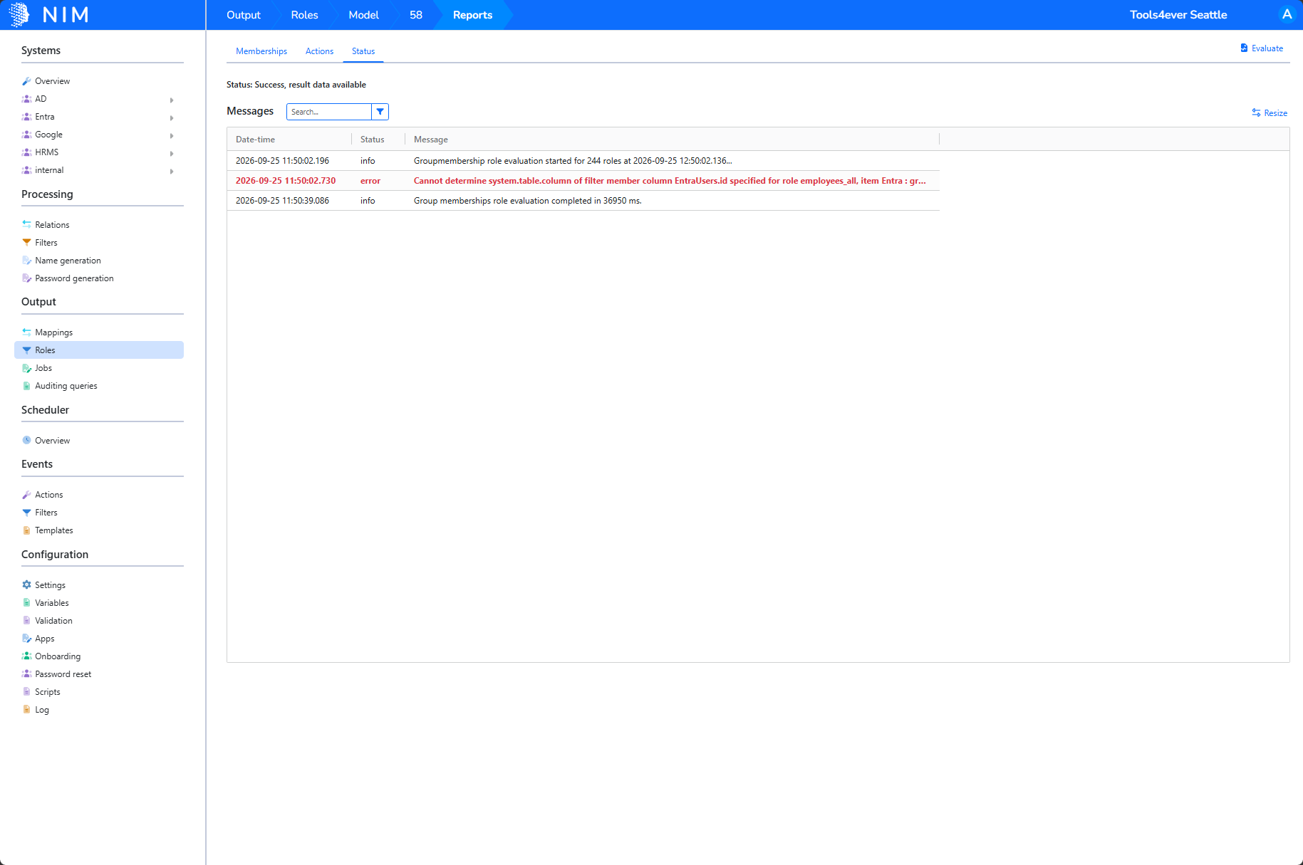 Group Membership Report Status tab showing a configuration error in the messages
