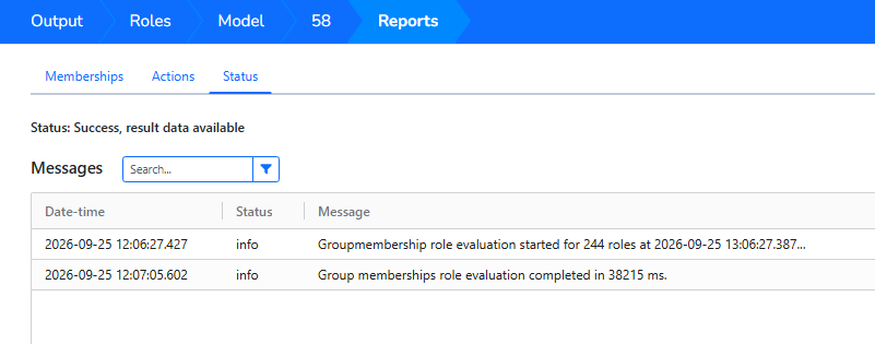 Group Membership Report Status tab showing successful evaluation messages