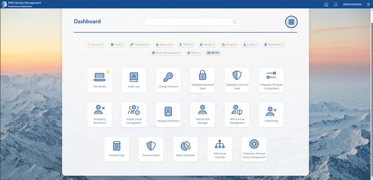 Dashboard showing available Apps and categories