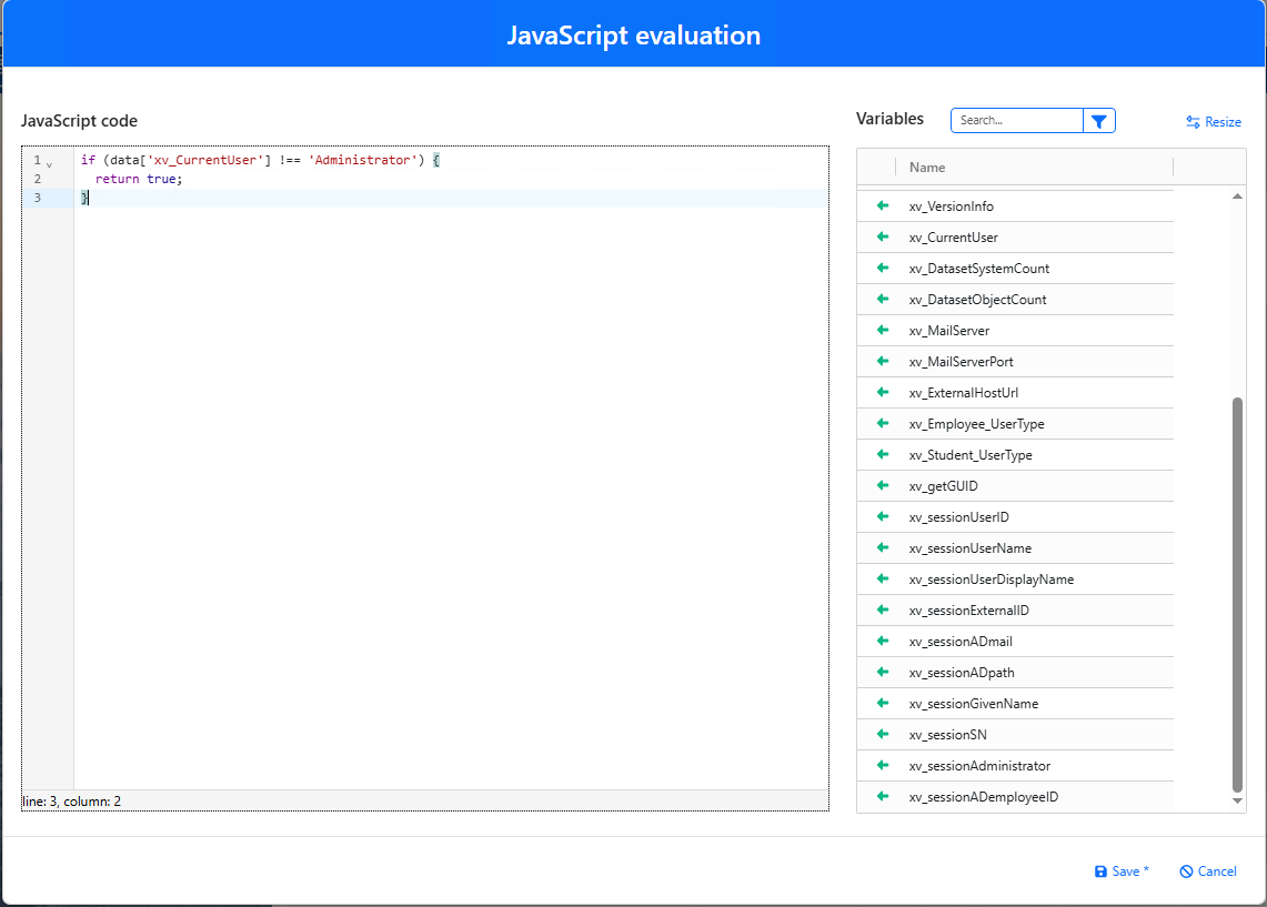 JavaScript editor with available App variables