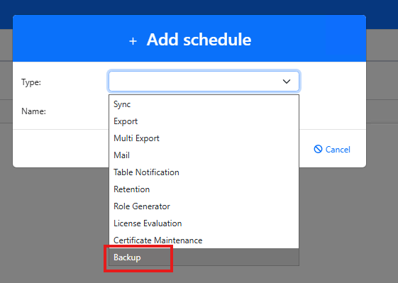 Select the Backup task type and enter a name