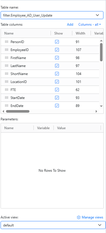 A selected table and its available columns