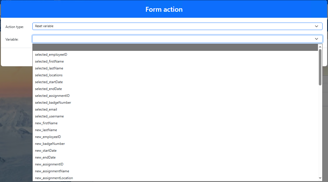 Select a variable to reset