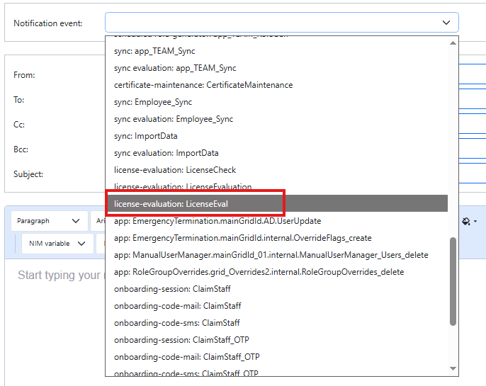 Select the scheduled task for the notification template