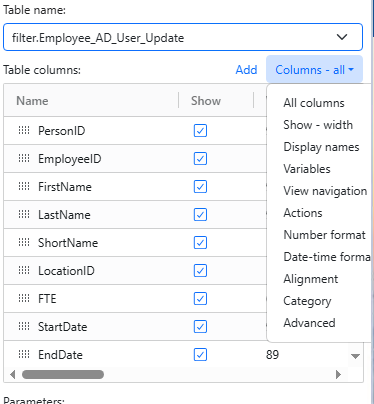 The grid Columns menu