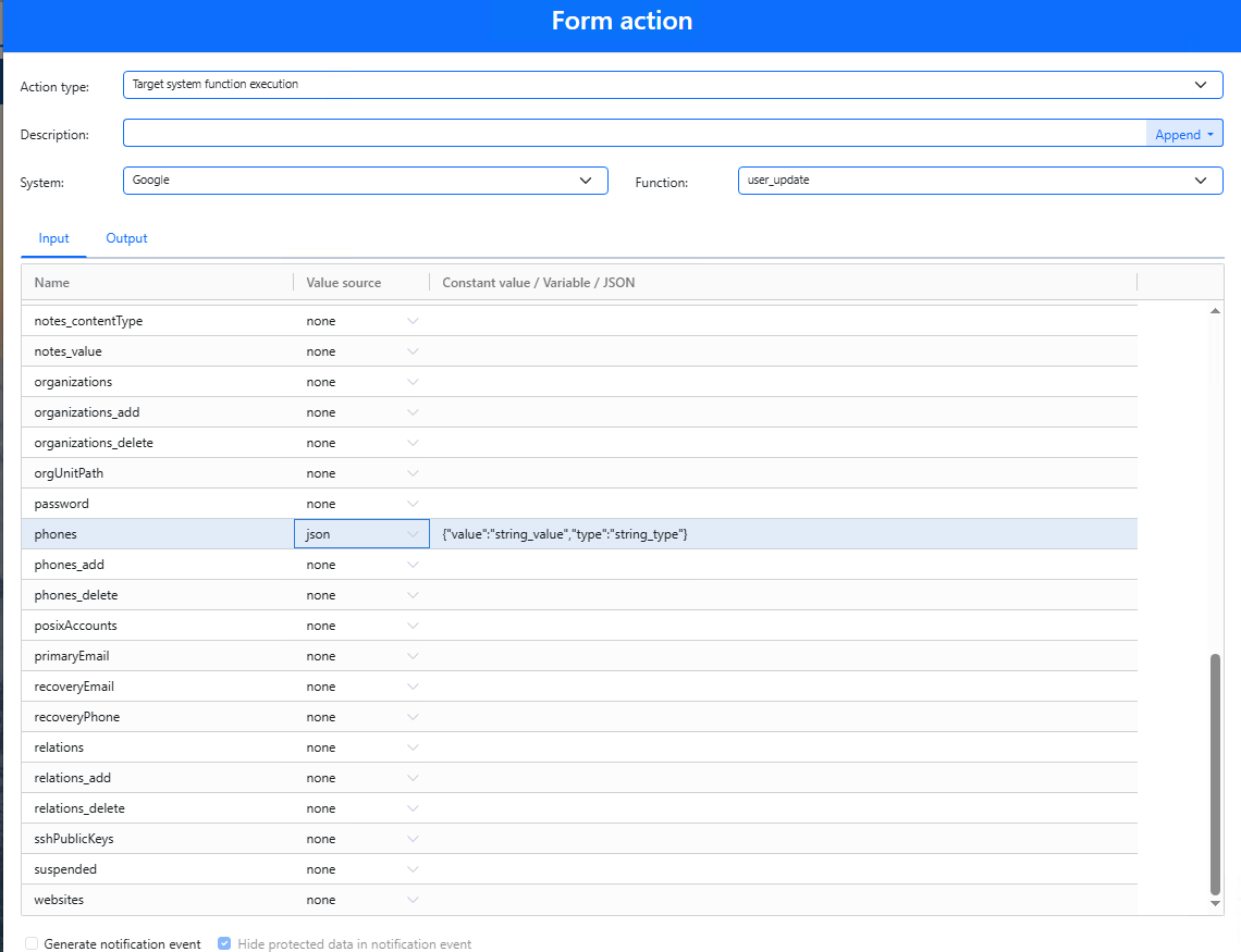 JSON value shown in the action input