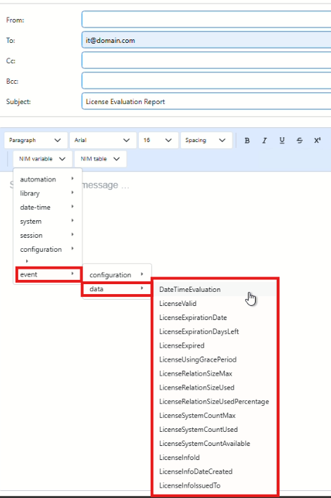Insert license evaluation variables into the email body
