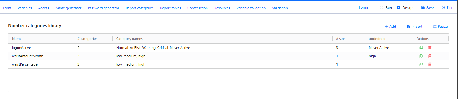 Report Categories tab