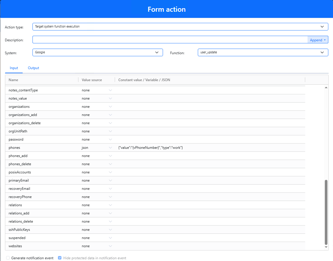 Completed JSON input for a Google phone value