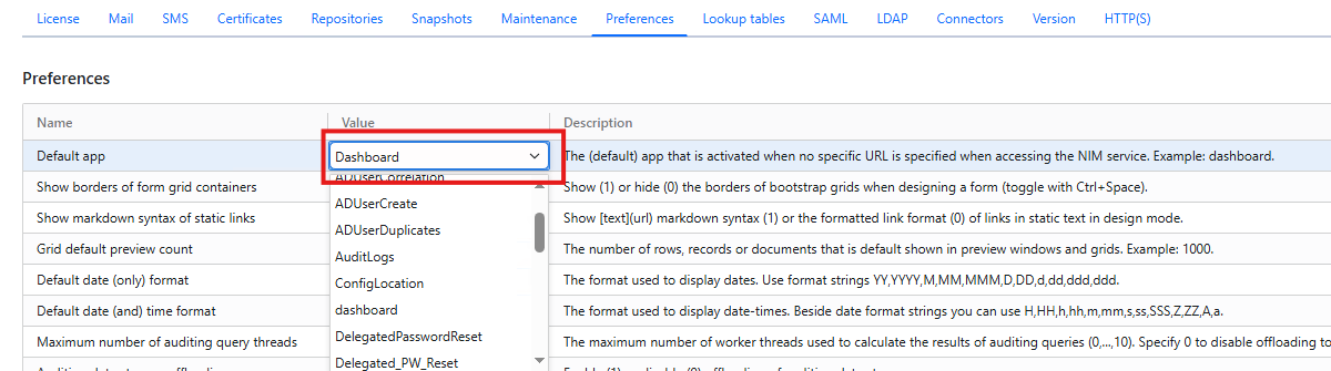 Default App preference set to Dashboard