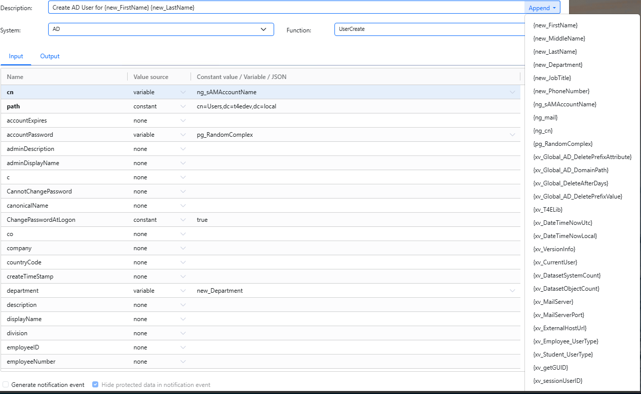 Select the target system function and set its description