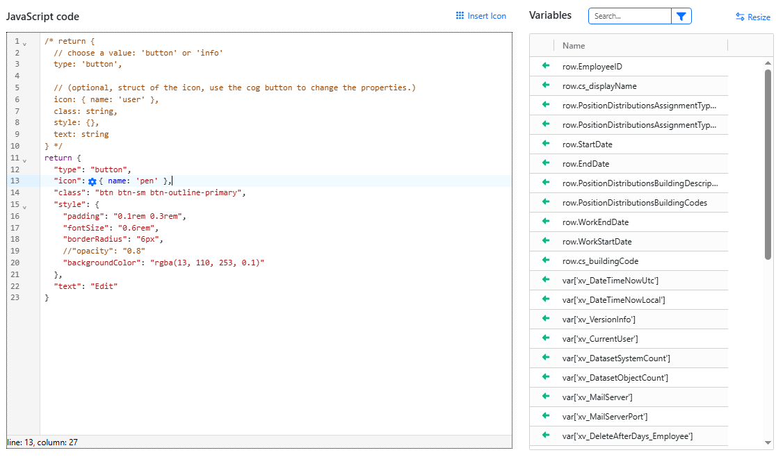 Configure a JavaScript in-grid action button