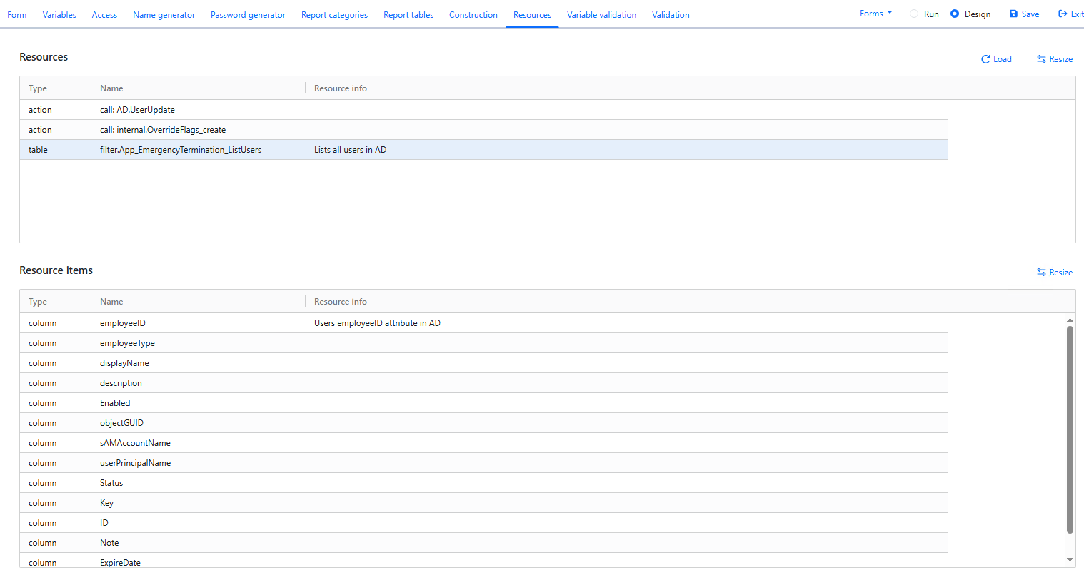 Resources tab