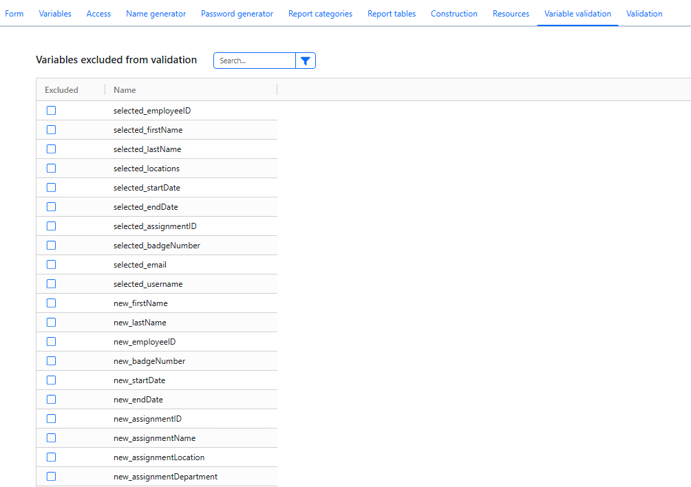 Variable Validation tab