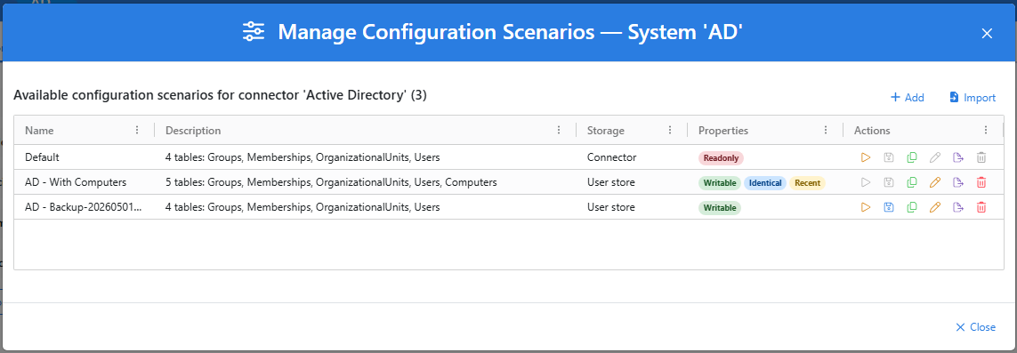 The Manage Configuration Scenarios window in NIM