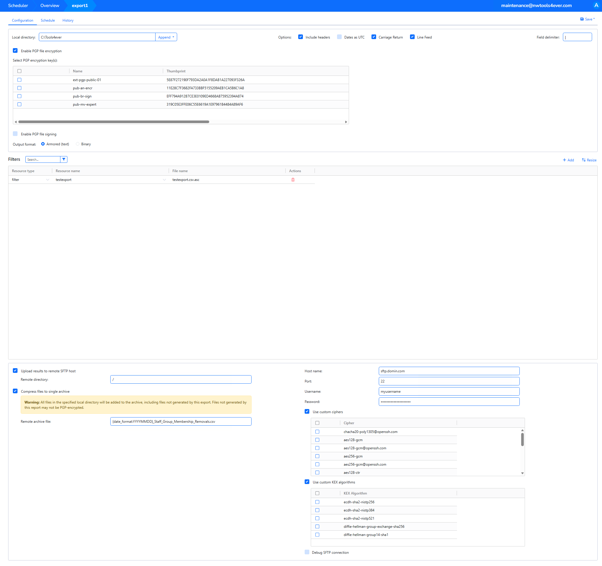 Multi-export configuration with file-format controls, PGP keys, filter resources, and SFTP options