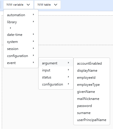 NIM Variable menu showing event input, argument, status, and configuration options for a selected mapping event