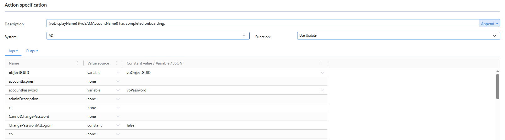Configure the Active Directory onboarding action