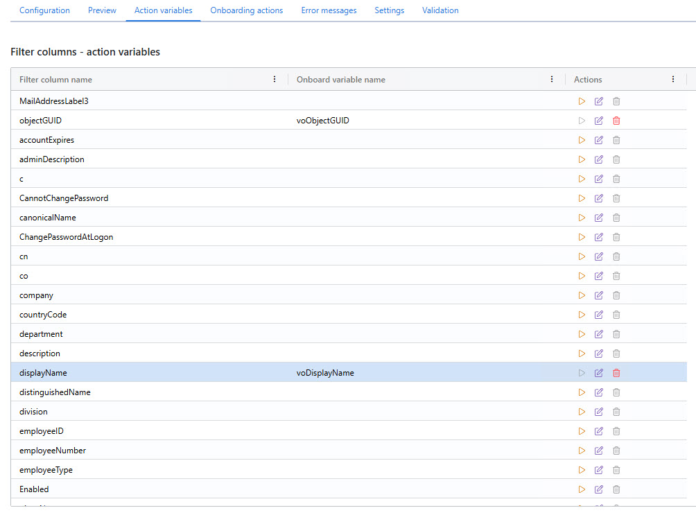 Create onboarding action variables