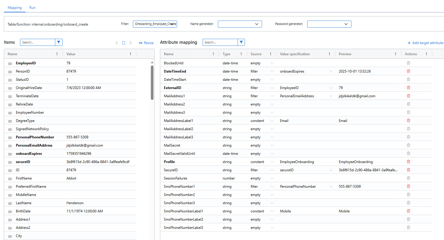 Map source fields to onboarding fields