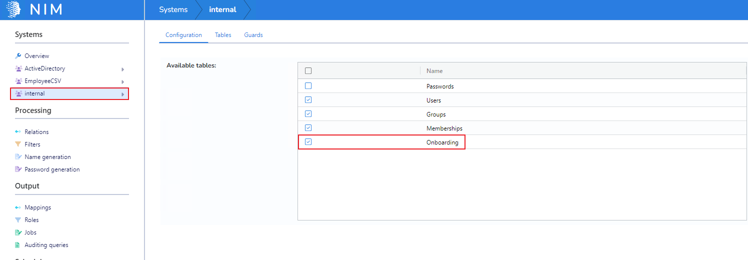 Enable the Onboarding table in the Internal system