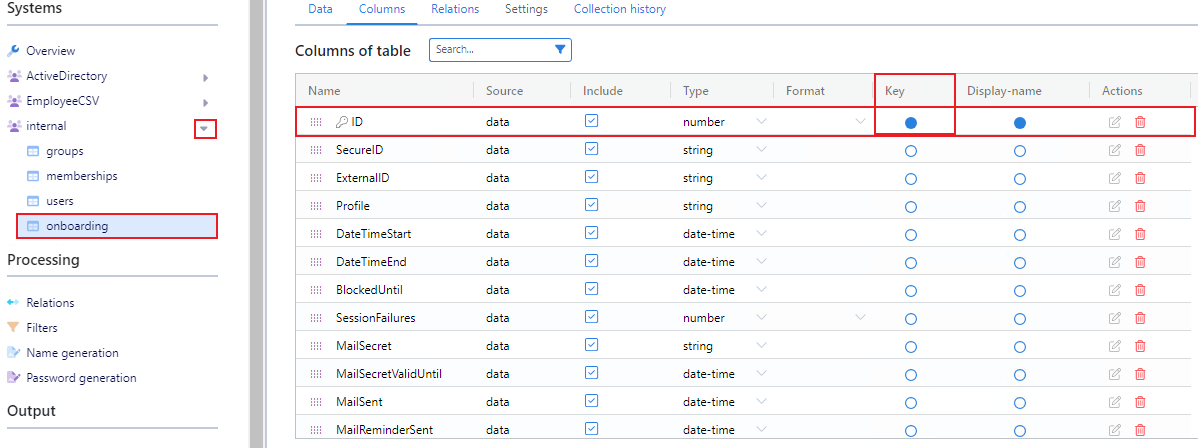 Confirm the Onboarding ID column is a key