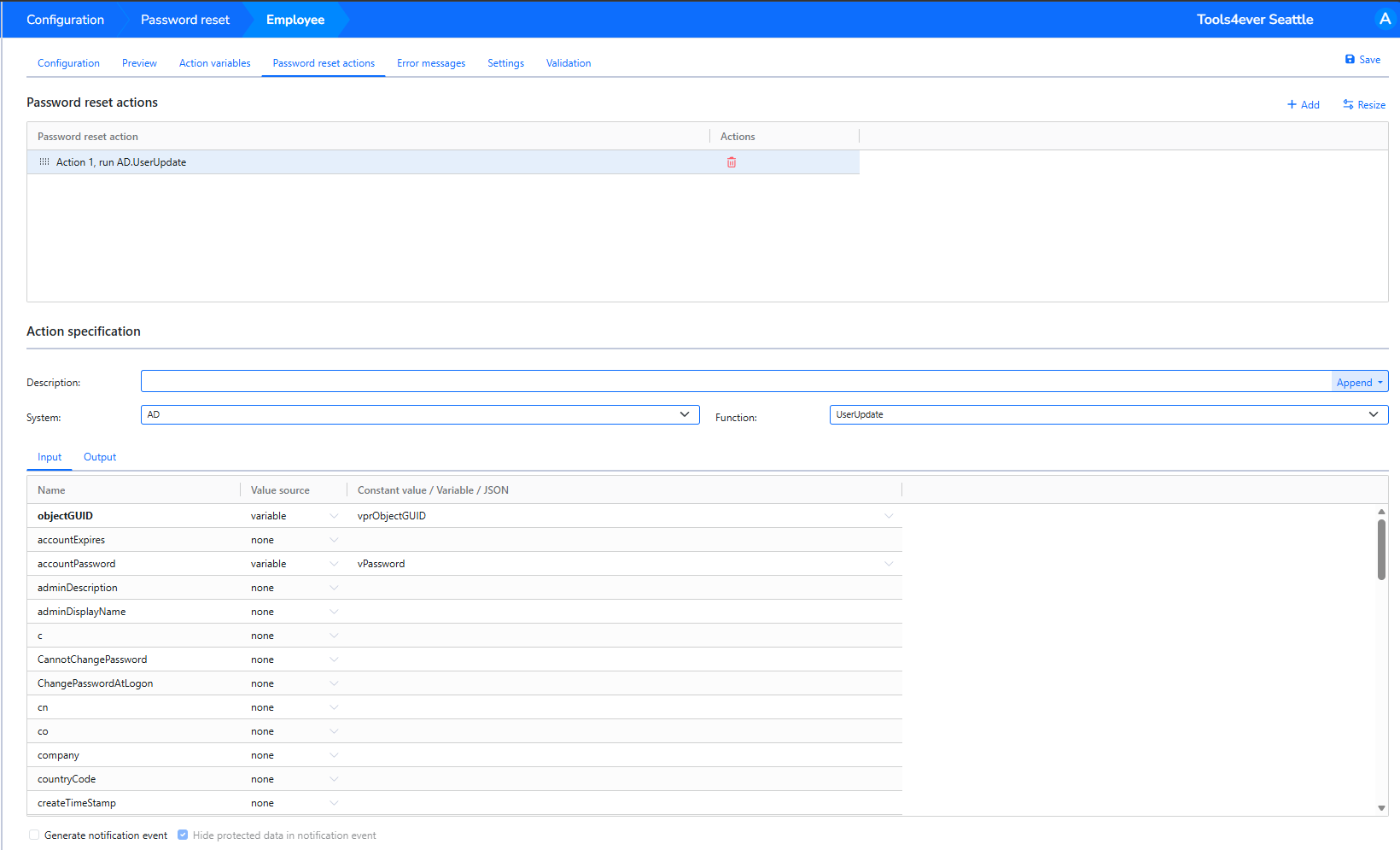 Password reset action using AD UserUpdate with objectGUID and accountPassword mapped from variables