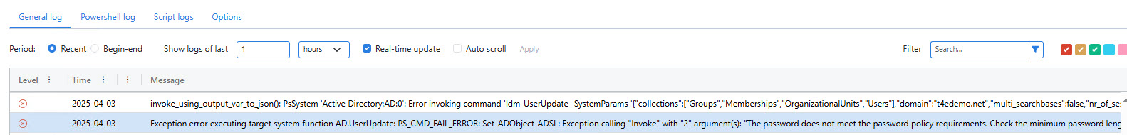 Password reset error in the log