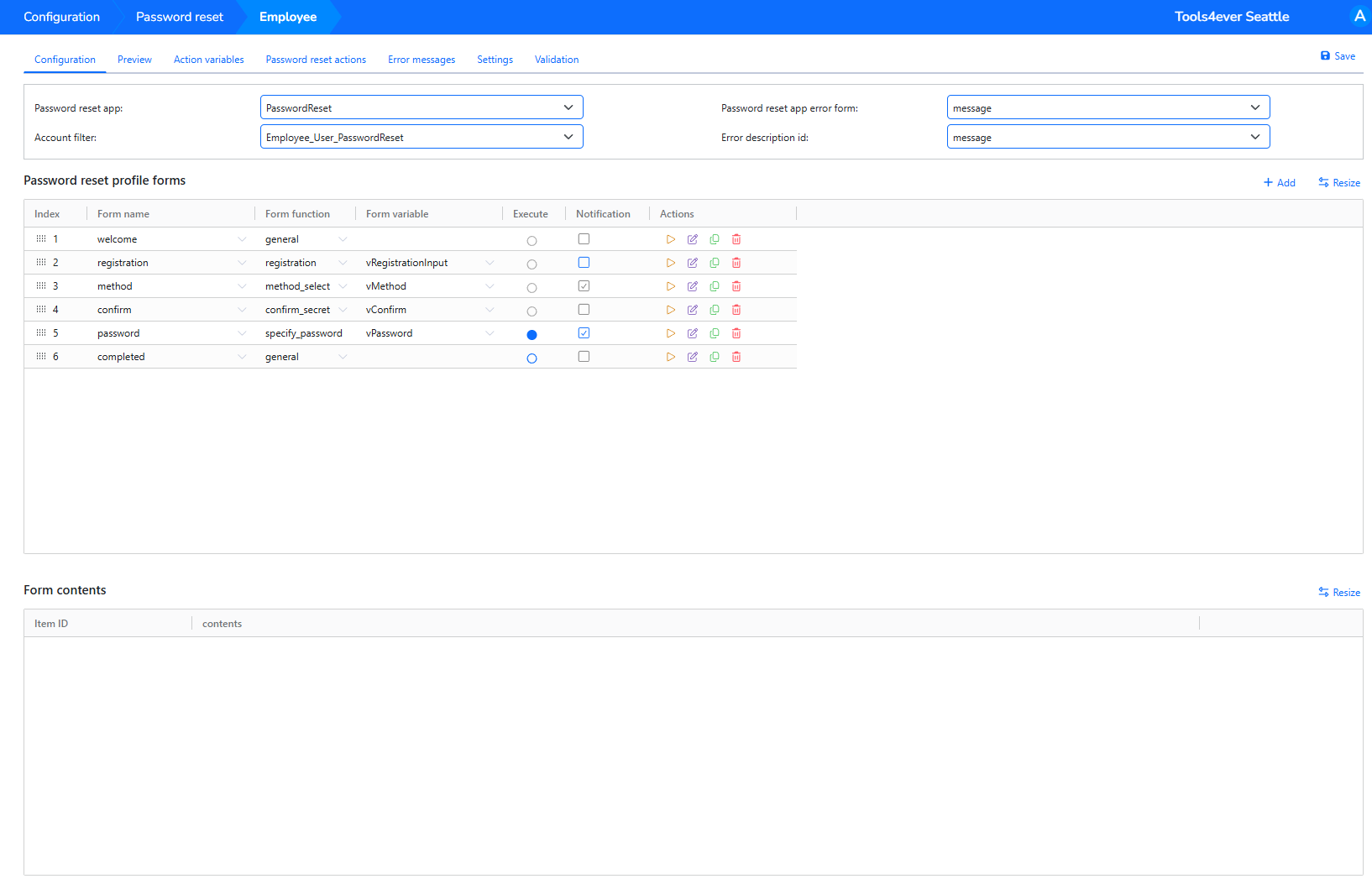 Employee profile Configuration tab showing the PasswordReset app, account filter, error form, and six forms