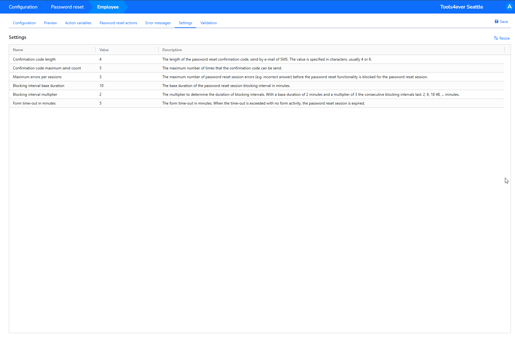 Settings tab showing confirmation code, error, blocking, and timeout values