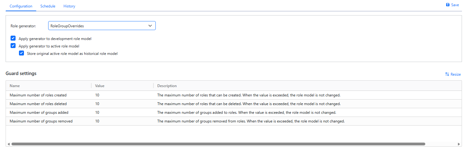 Role generator task configuration with development and active model options and four guard limits