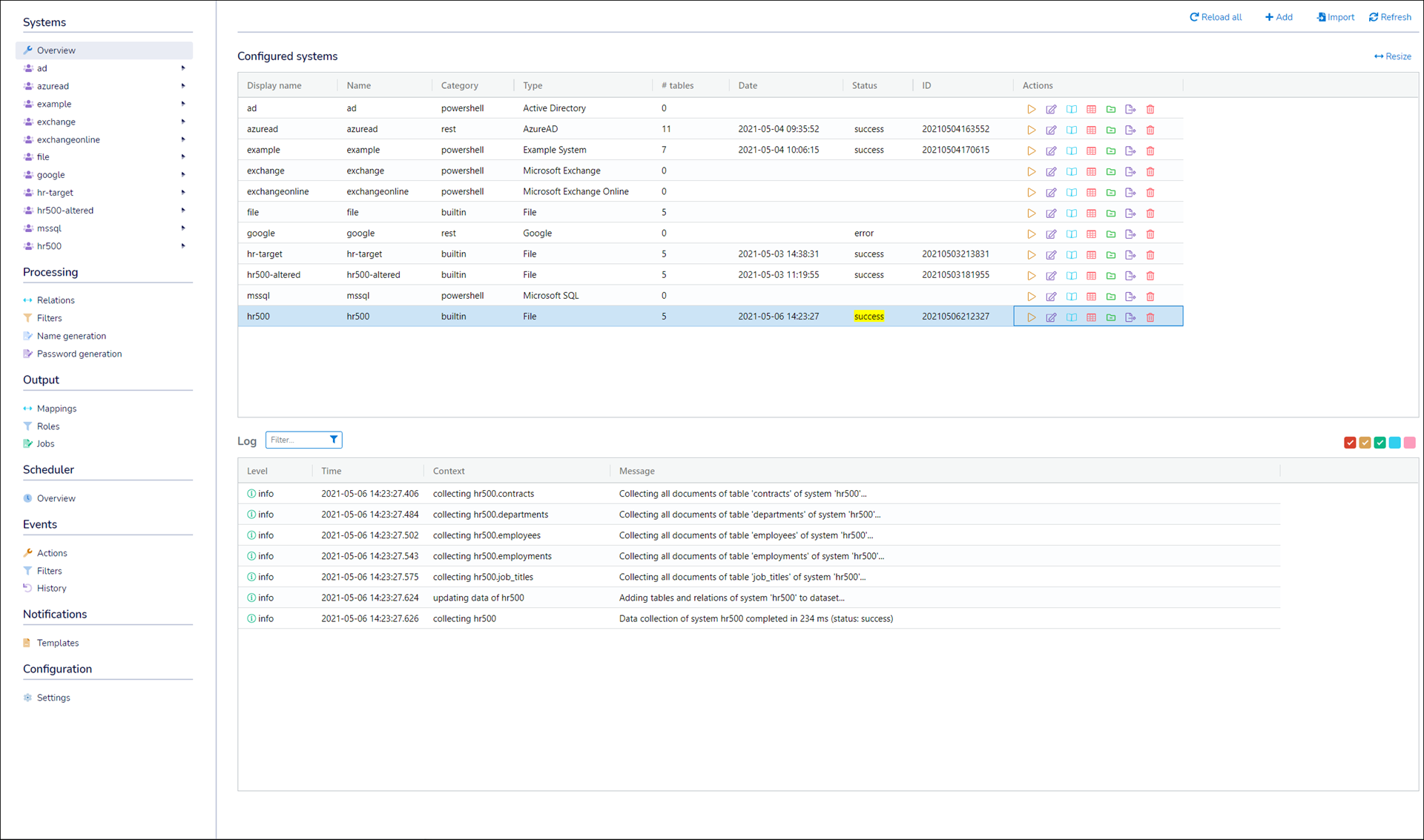 A successful system collection with results in the Log pane