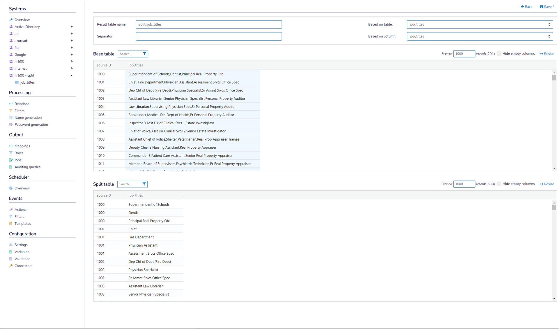 Configure the result table, separator, source table, and source column