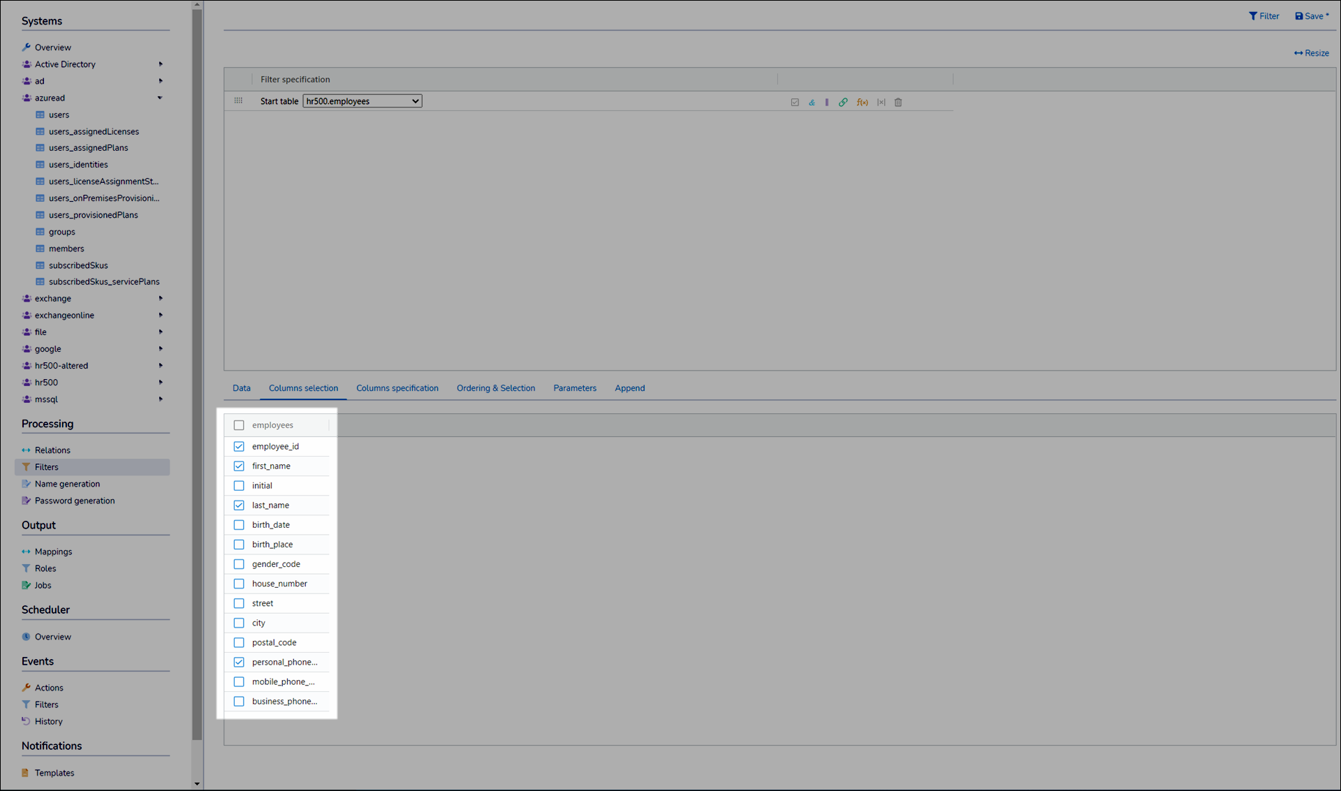 Select columns for a filter result
