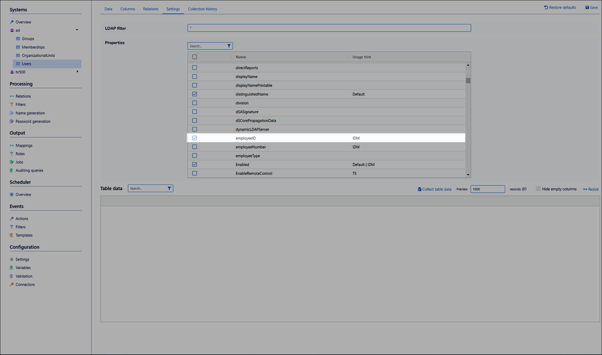 Select source columns in the table Properties pane