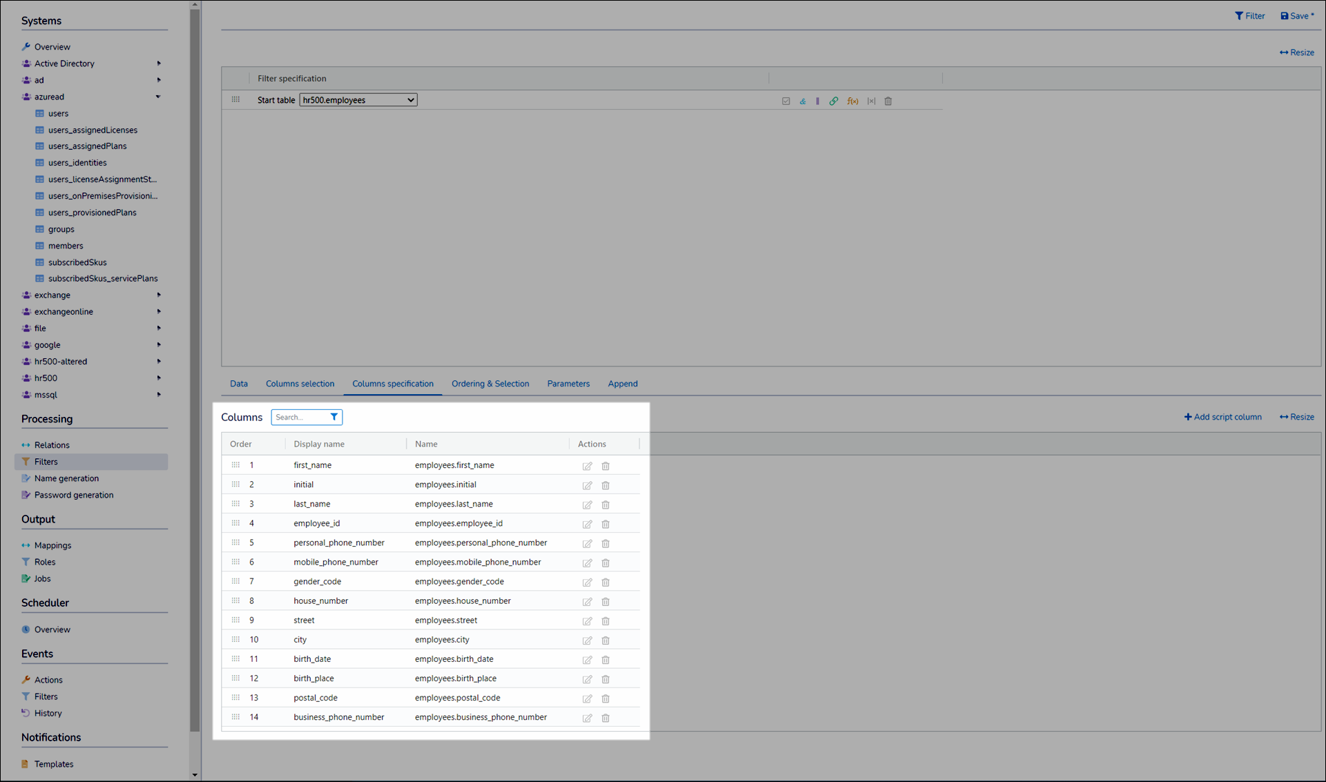 Reorder columns in the Columns Specification tab