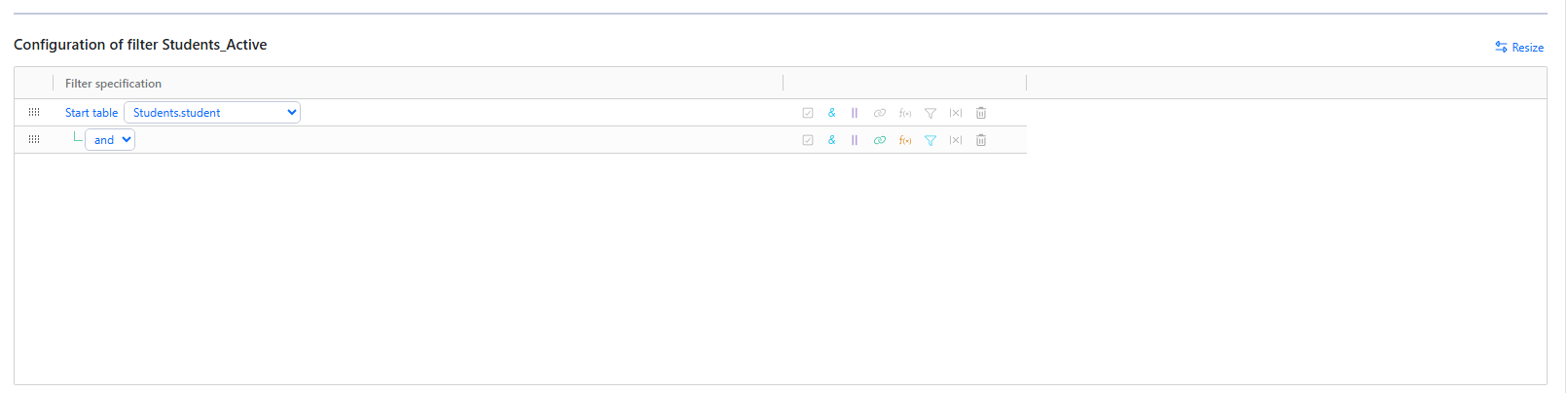 Students Active filter configuration with the student start table