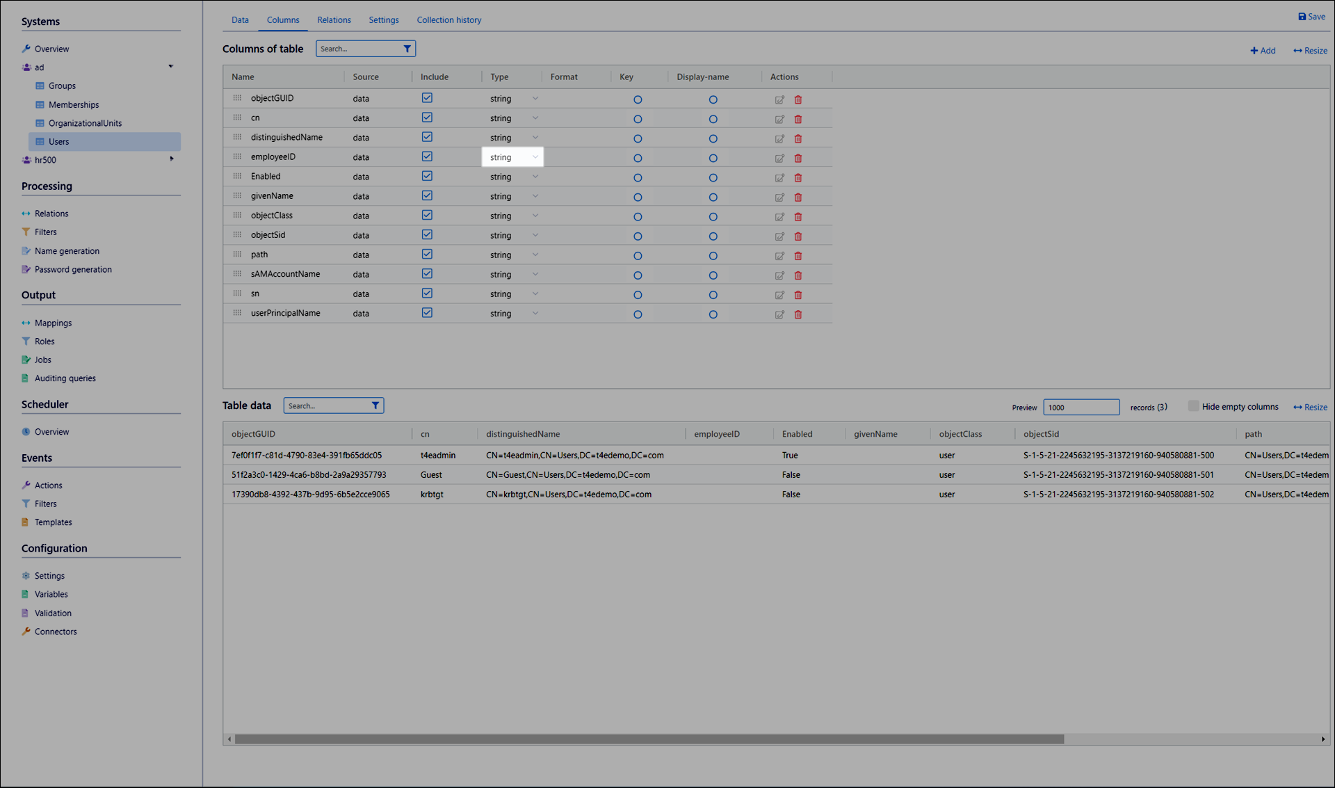 Set the type for each collected column