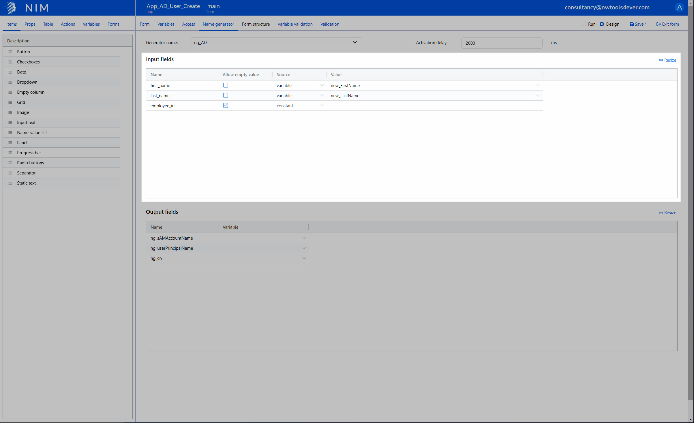 Configure name generator input fields