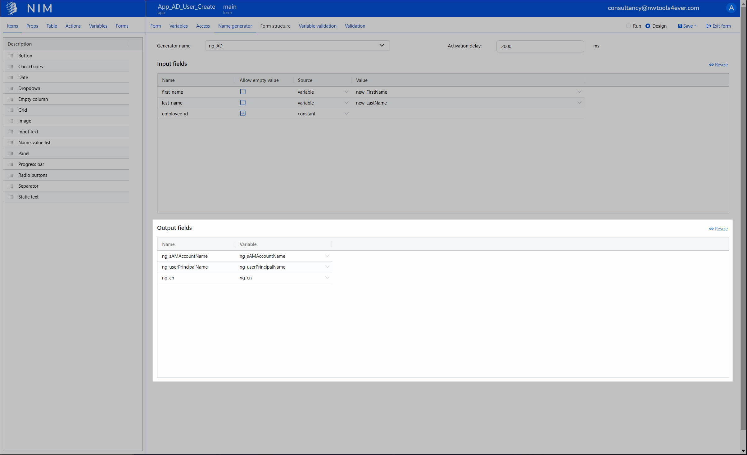 Configure name generator output fields