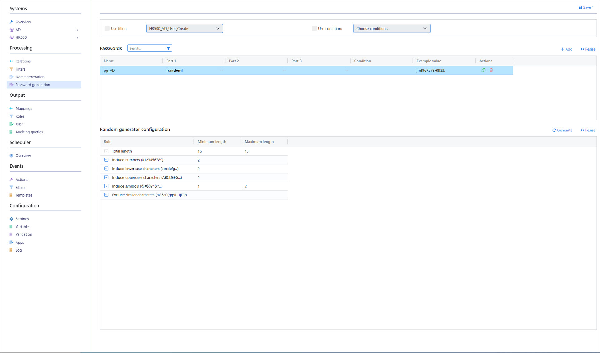 Configure a 15-character random password