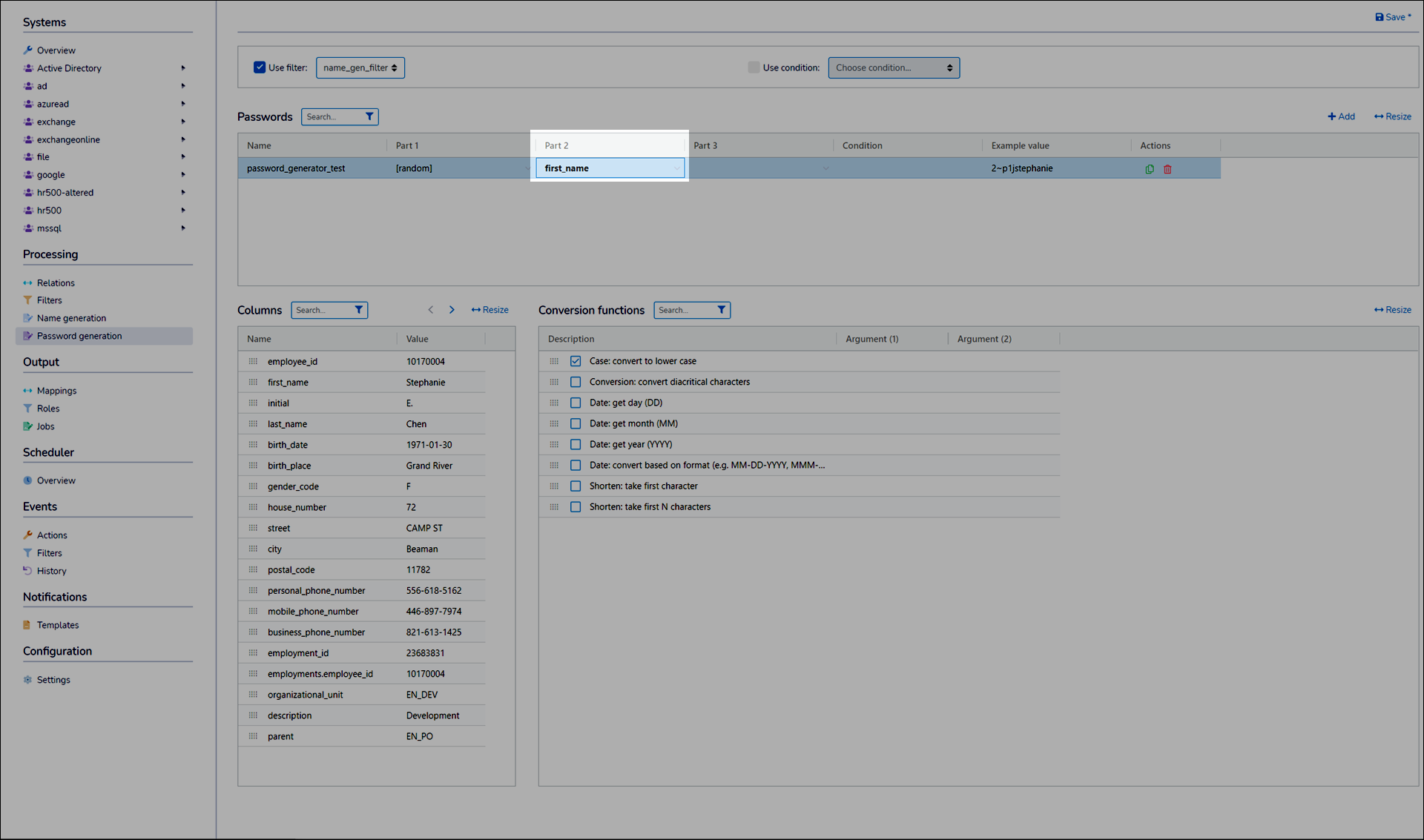 Use a filter column in a password part
