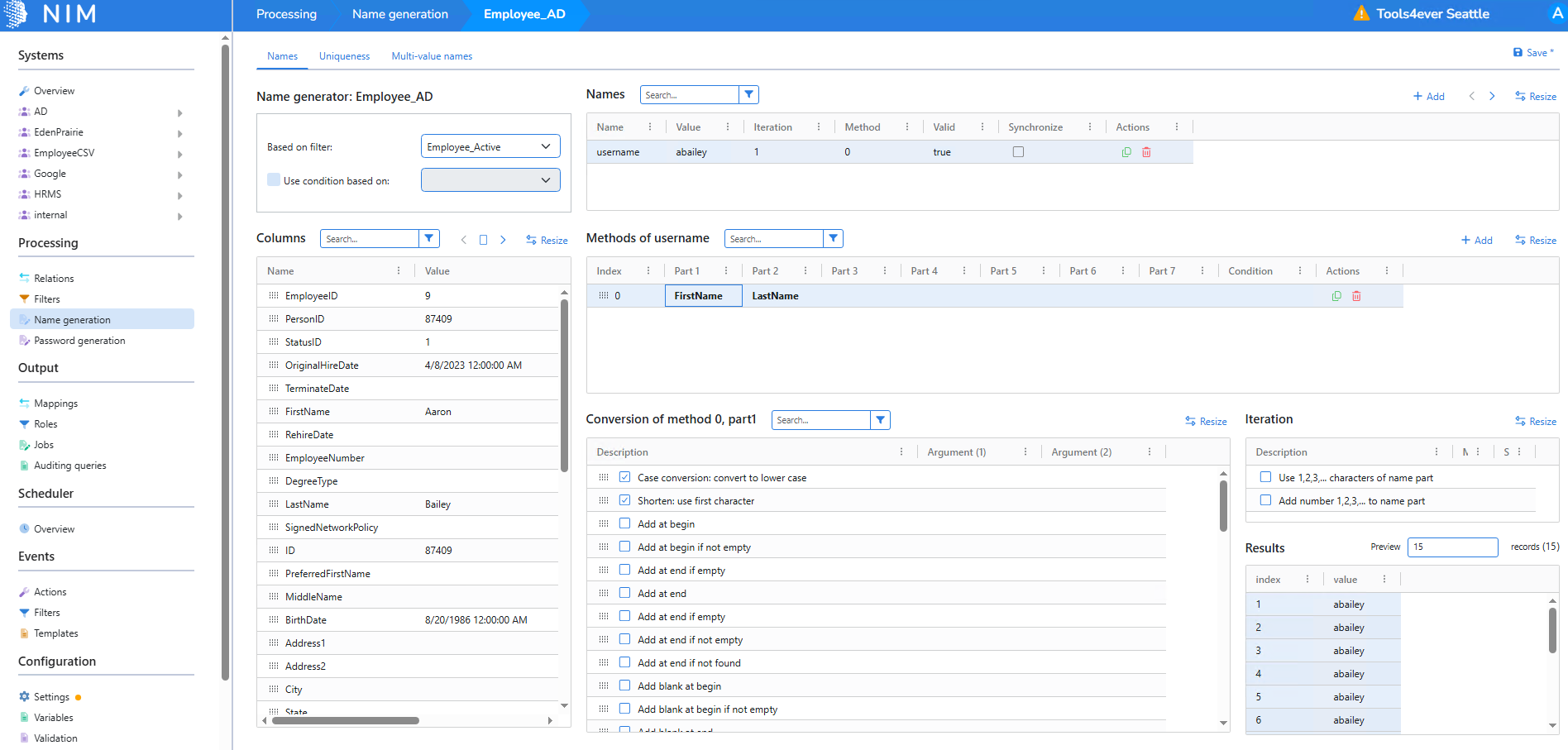Build a method from filter columns