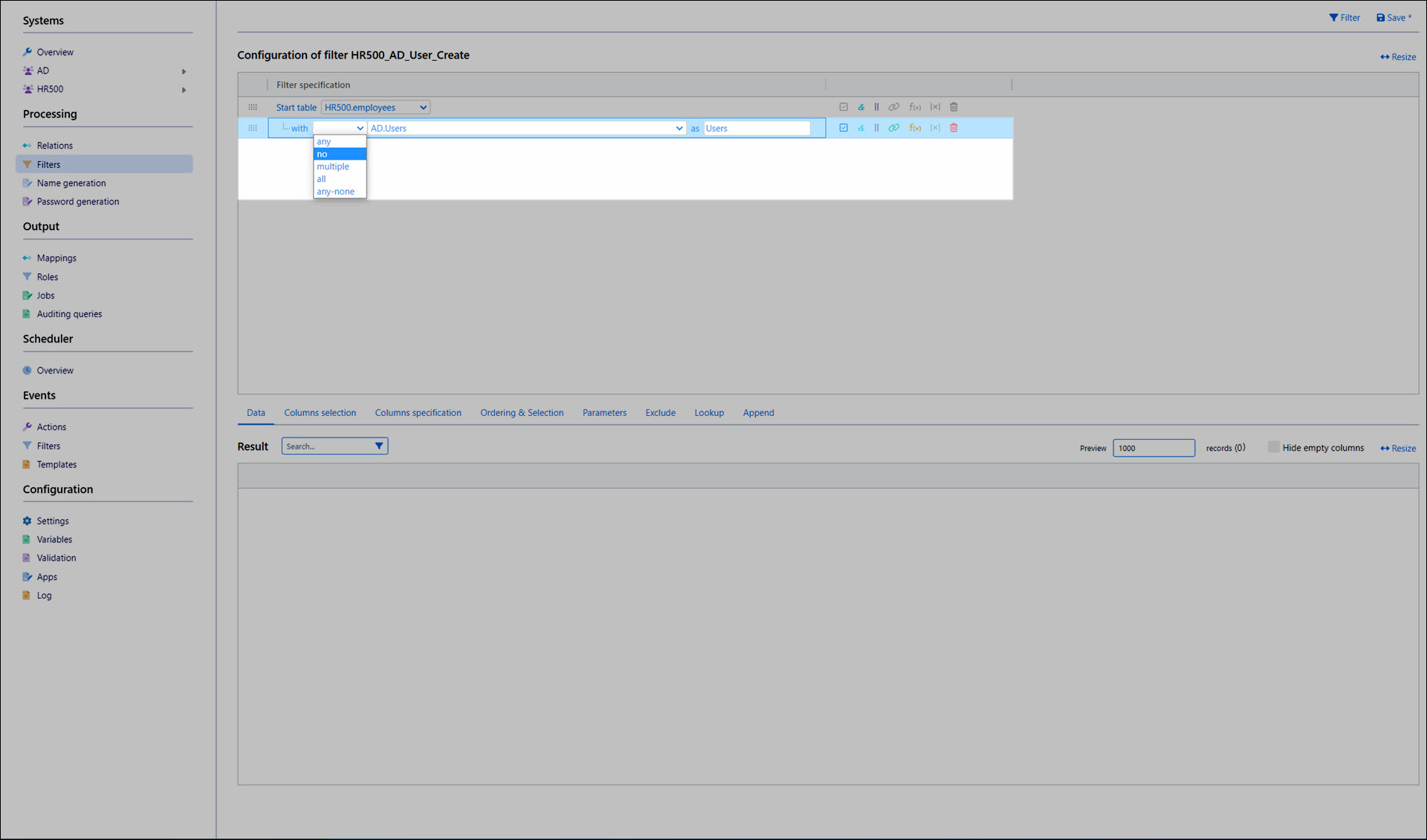 Configure the no relation condition
