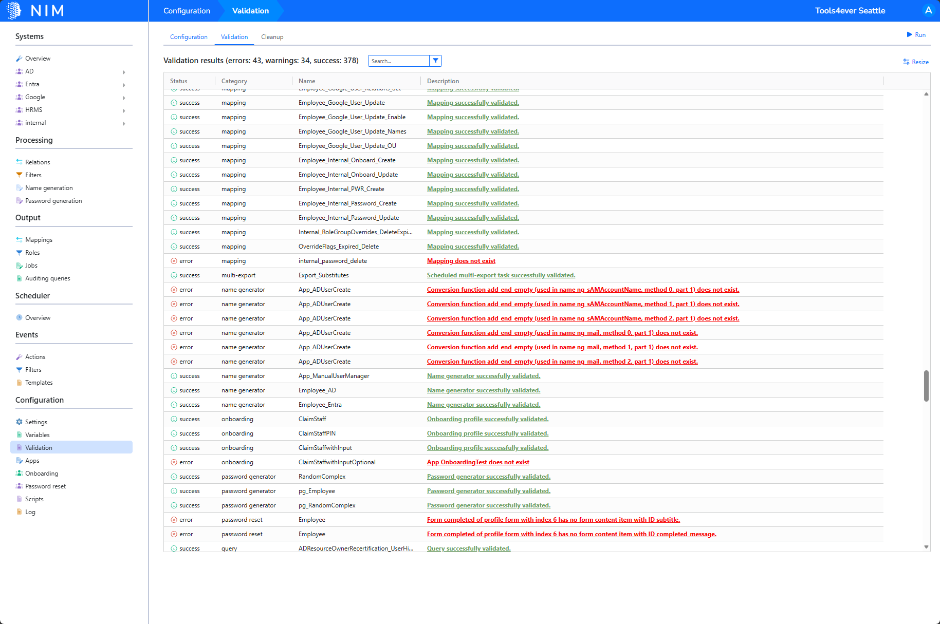 The Validation tab showing success, warning, and error results with clickable descriptions