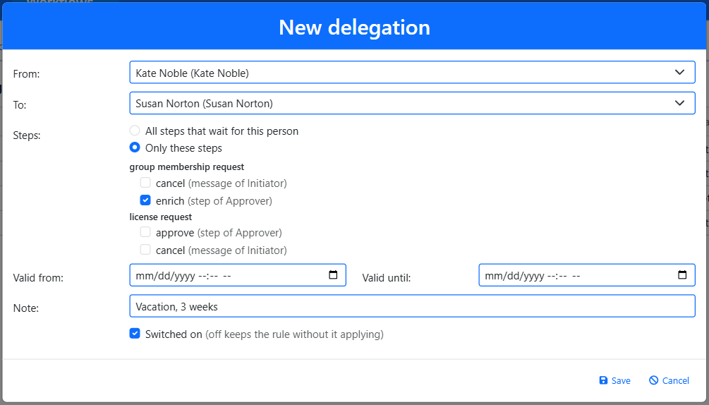 The New delegation dialog handing one step of the group membership request to another user